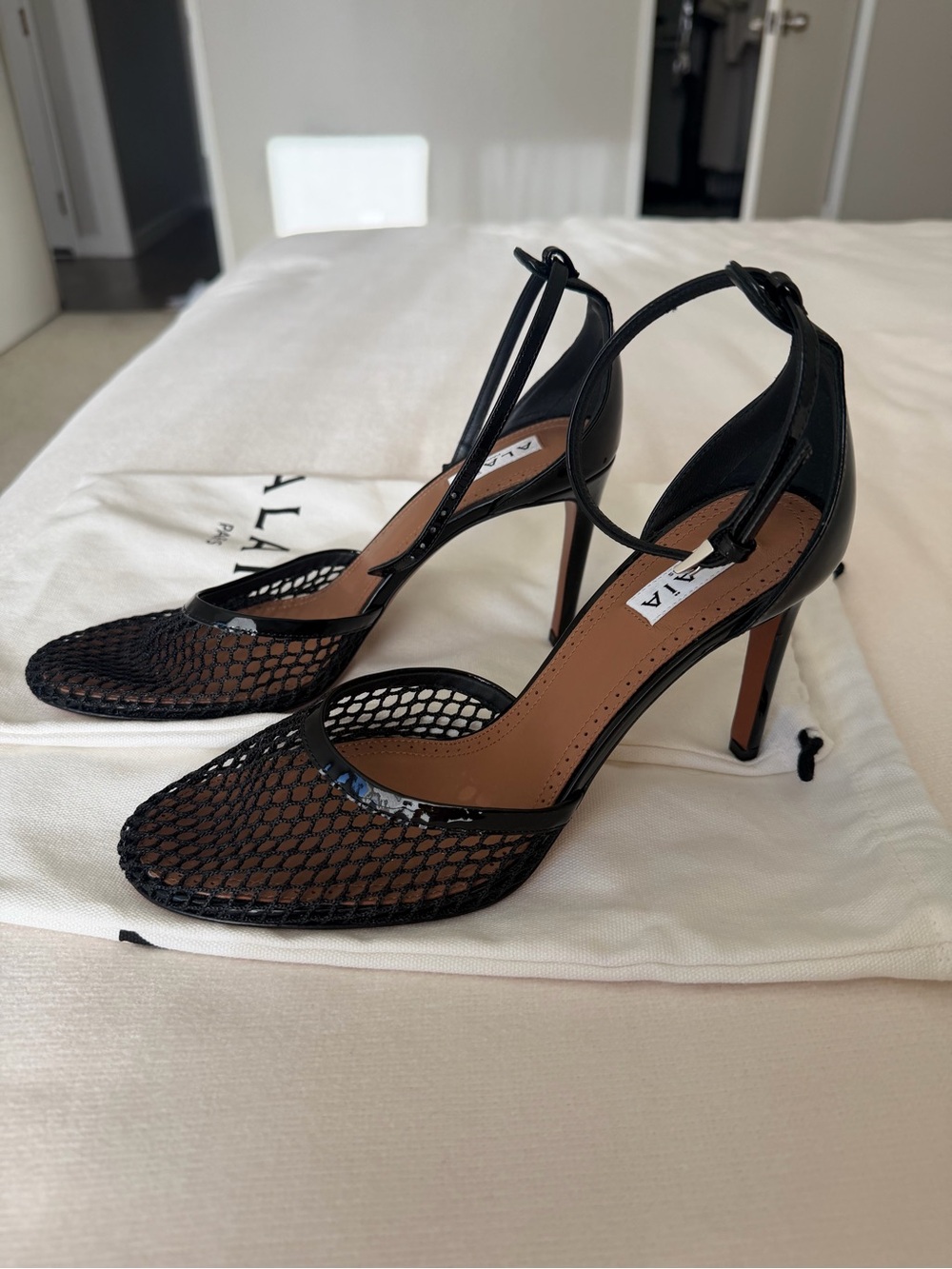 Brand new Alaia Black Mesh Ankle-Strap Heels